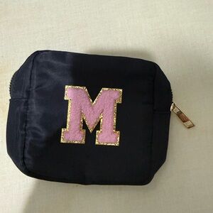 Black Cosmetic Pouch with Pink 'M' and Gold Trim